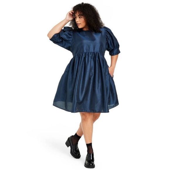 NWOT Kika Vargas x Target Dress Size Large Textured Puff Sleeve Mini Navy Blue - Picture 1 of 6